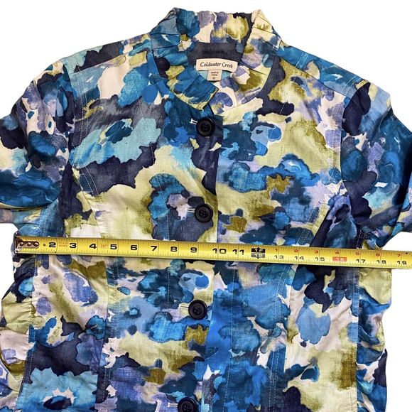 Coldwater Creek Cotton/Linen Blue Multi Abstract Floral Ruffle Neck Jacket Sz 12 - Picture 8 of 11